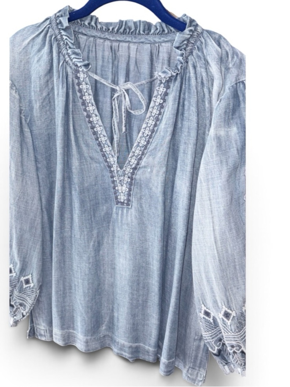 Kyla Seo Washed Light Blue Embroidered Peasant Blouse - Women